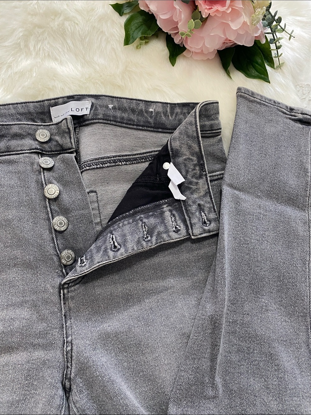 LOFT High-Rise Gray Button-Fly Jeans